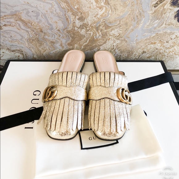 Gucci GG Marmont Gold Metallic Fringe Mule Loafers - Picture 4 of 12